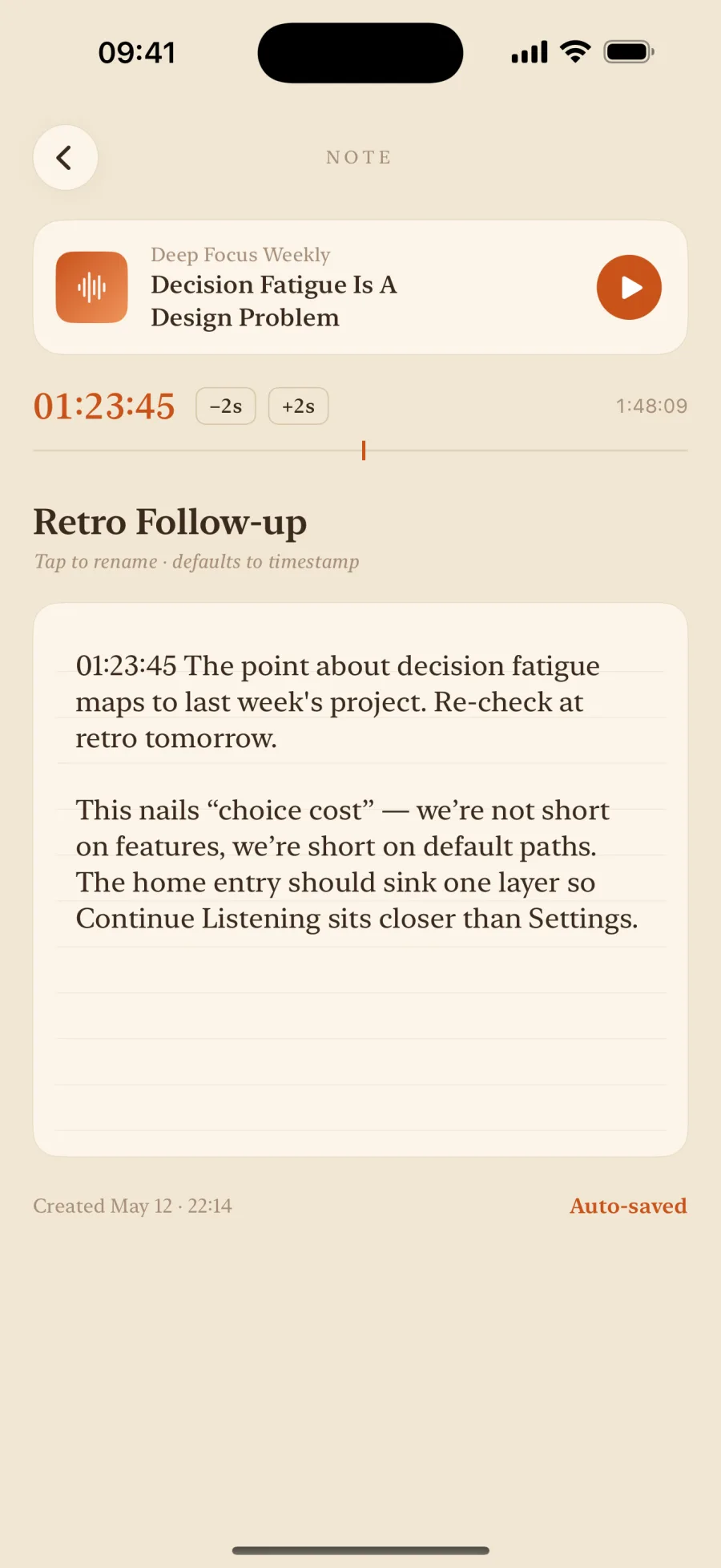 EarMemo per-album note with a tappable timestamp marker