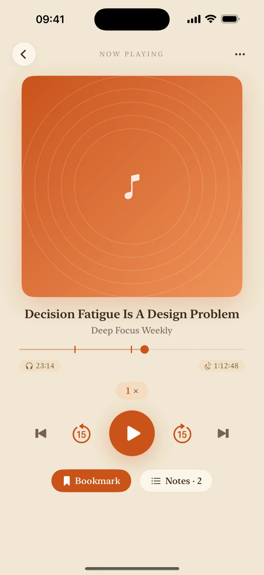 EarMemo Now Playing screen with playback controls, bookmark, and notes