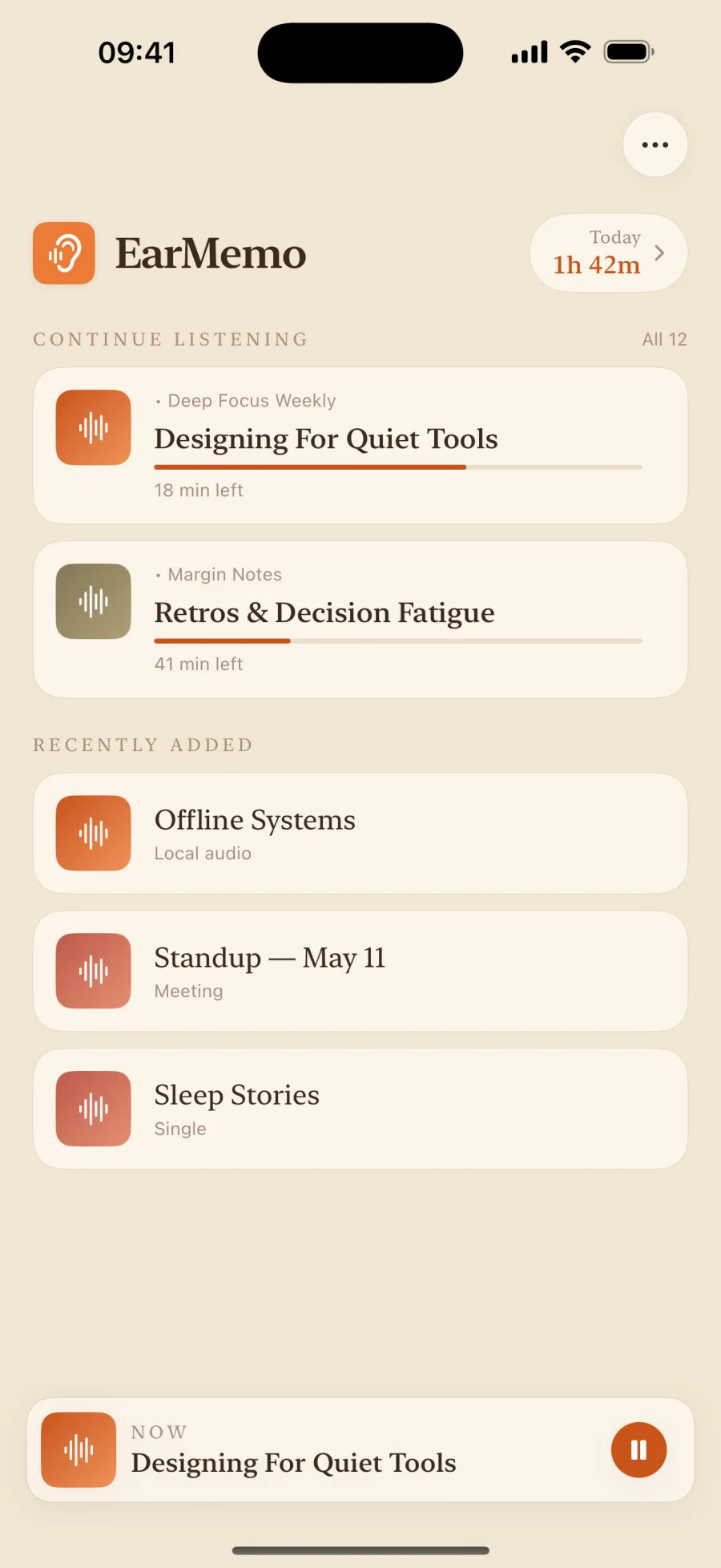 EarMemo home library with Continue Listening and Recently Added