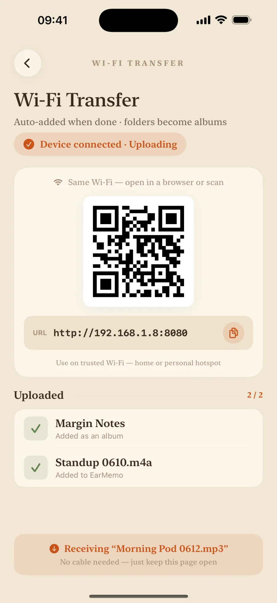 EarMemo Wi-Fi transfer screen with a QR code and upload list